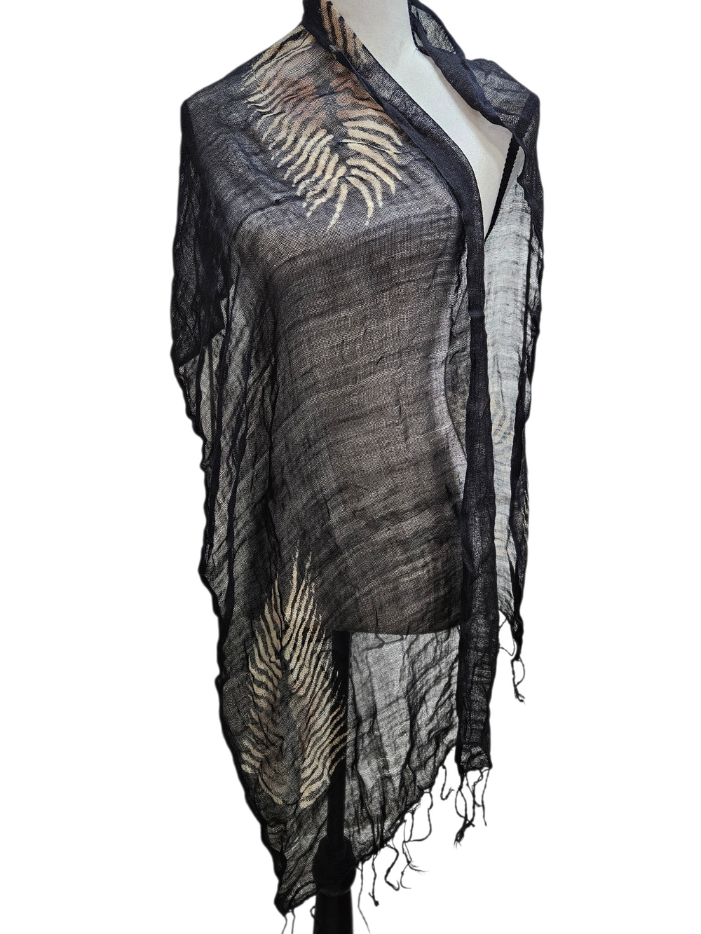 Black Sheer Loose Thread Feather Accent Gold Black Wrap Scarf